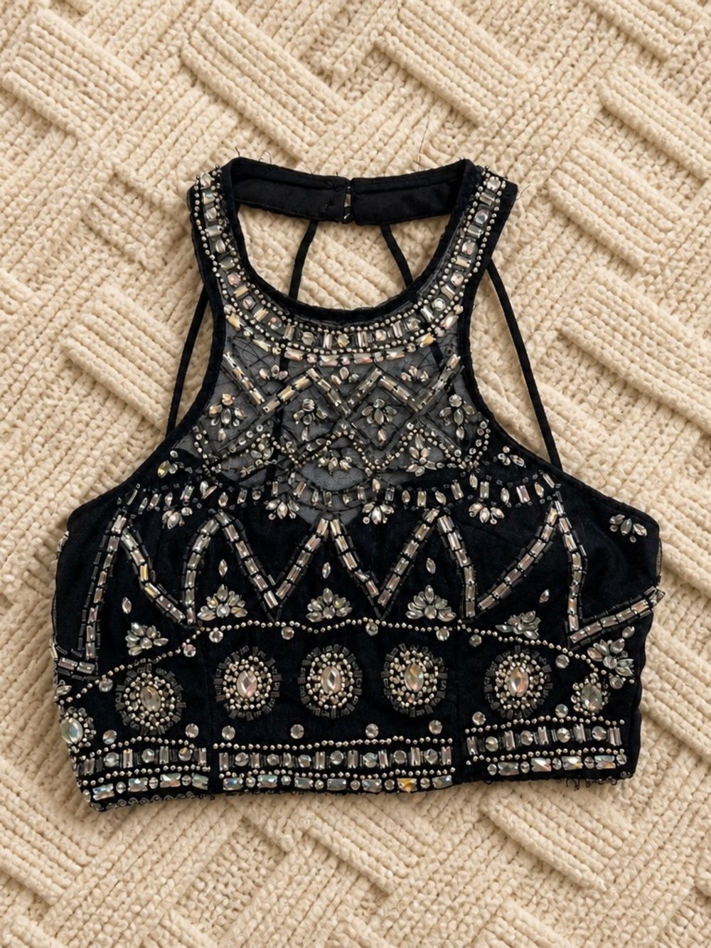 B Darlin Black Jeweled Halter Crop Top with Silver Accents